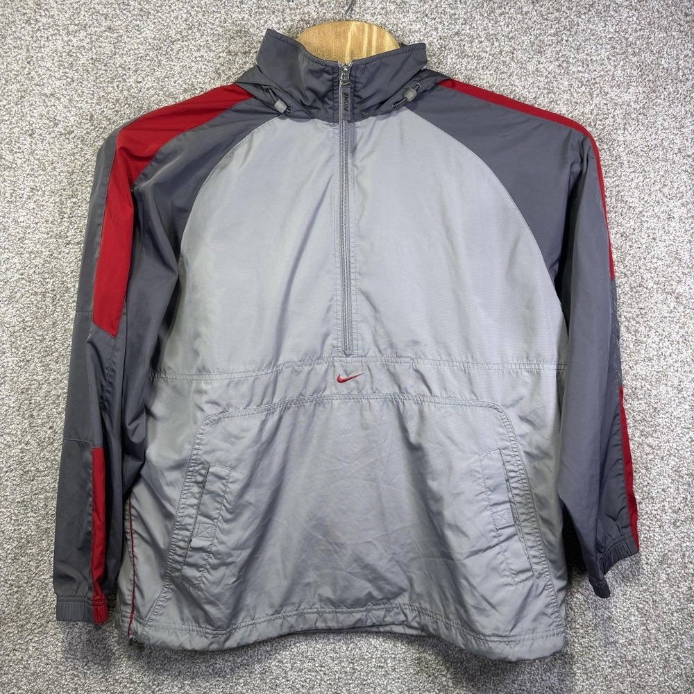 Nike Windbreaker Jacket Mens Large Gray Red 1/2 Zip Hooded Athletic Running